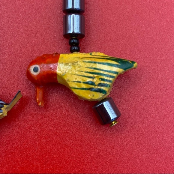 Hand Carved Wood and Hematite Bird Earrings - Picture 3 of 6